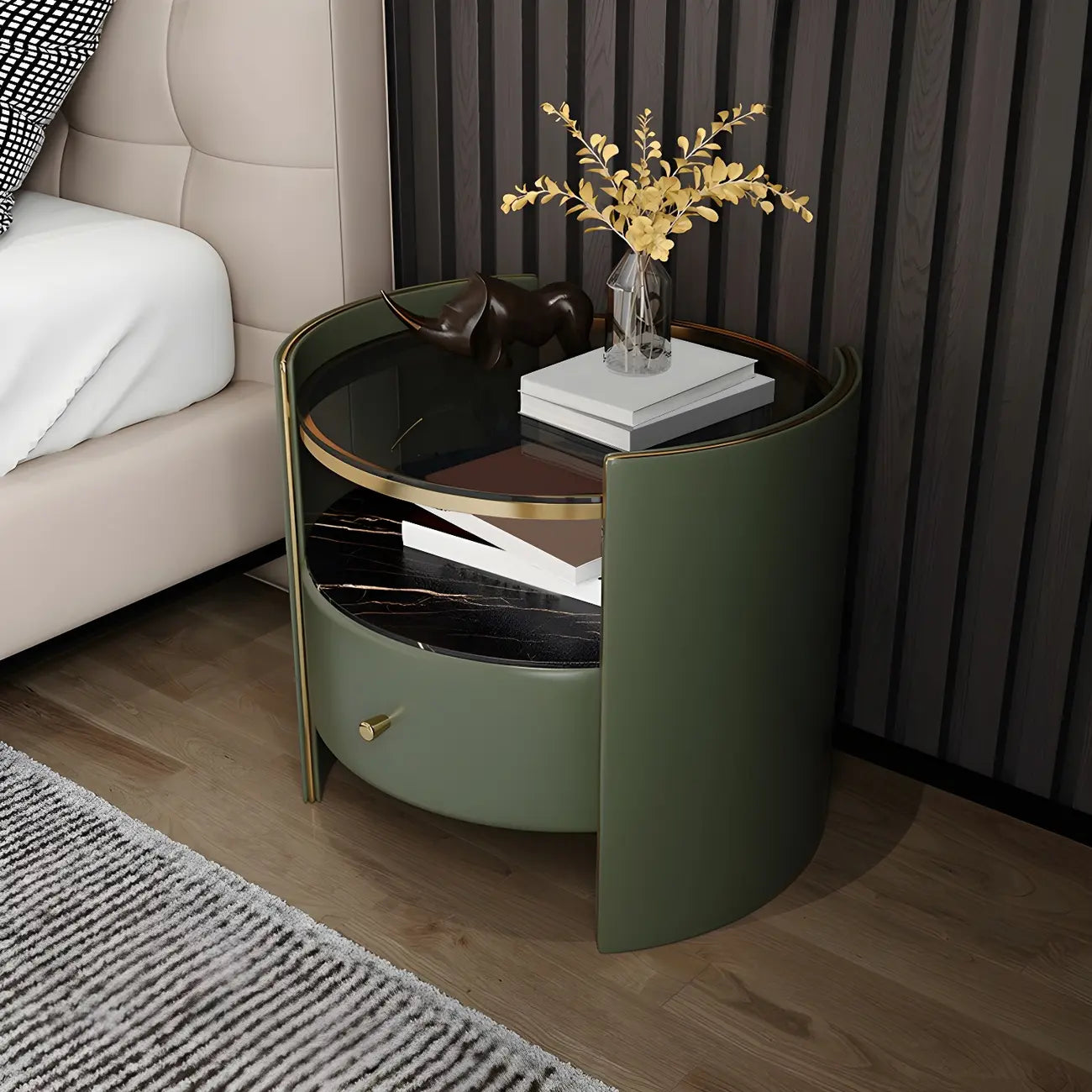 Luxury Glass Top Nightstand with Drawer Storage and Open Cubby