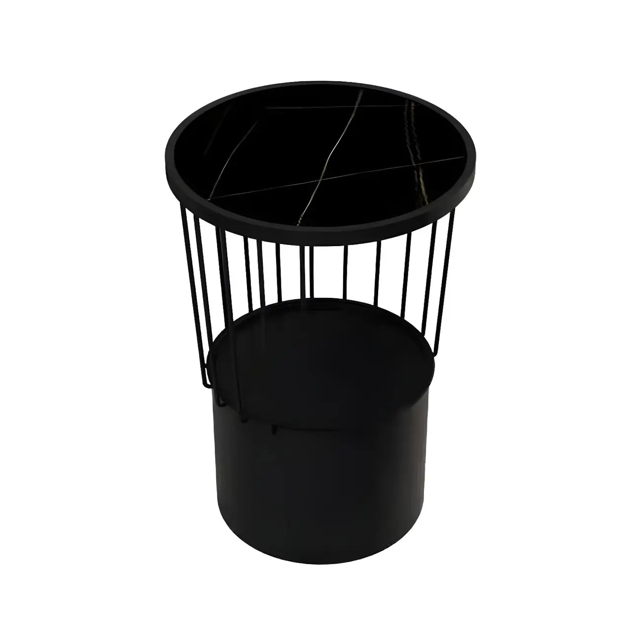 Modish Style Metal Drum Shape Bedside Table with Open Storage