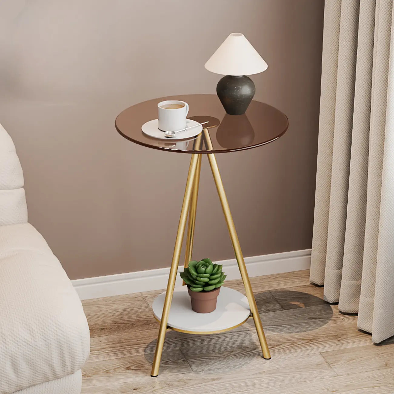 Round Glass Top Gold Metal Side Table with Storage