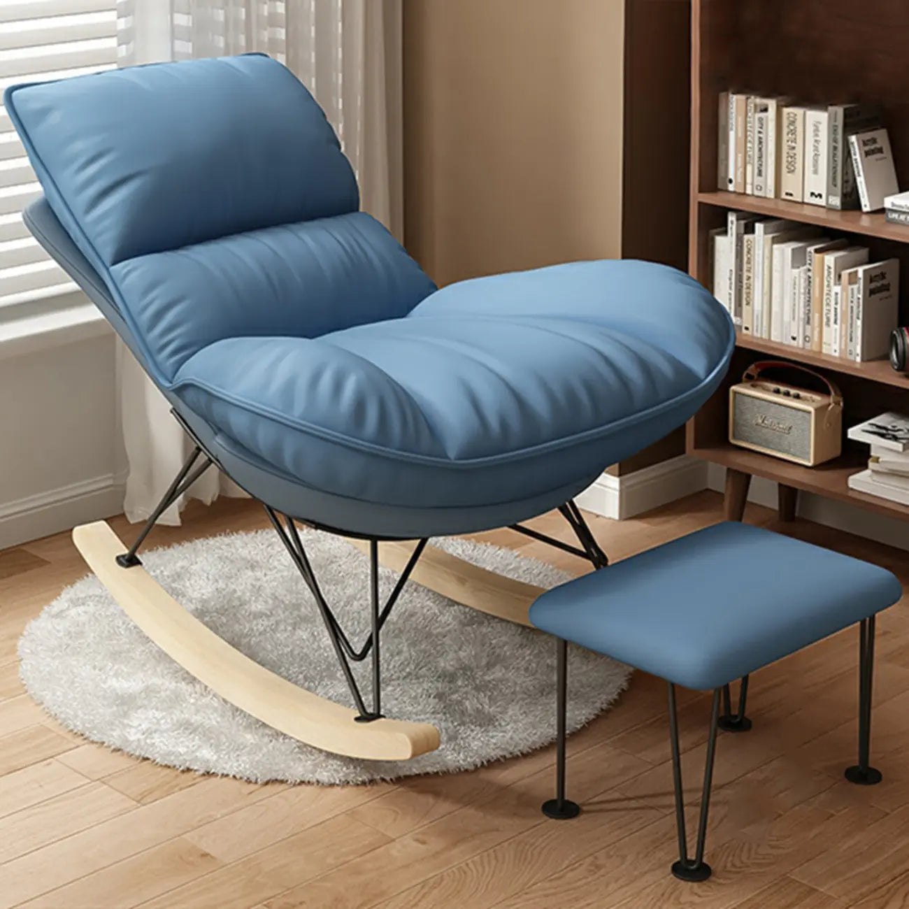 Natural Wood Upholstered Rocking Chair with Ottoman in White