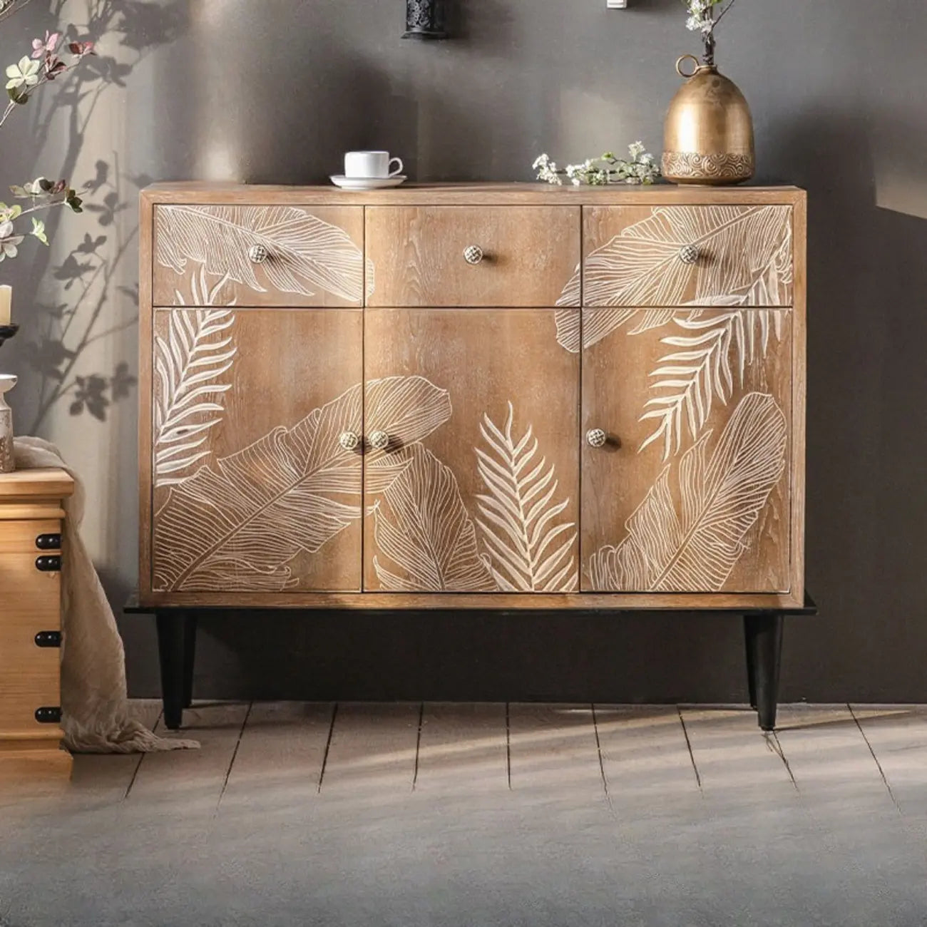 Oriental Brown Wooden Sideboard with Leaf Carving