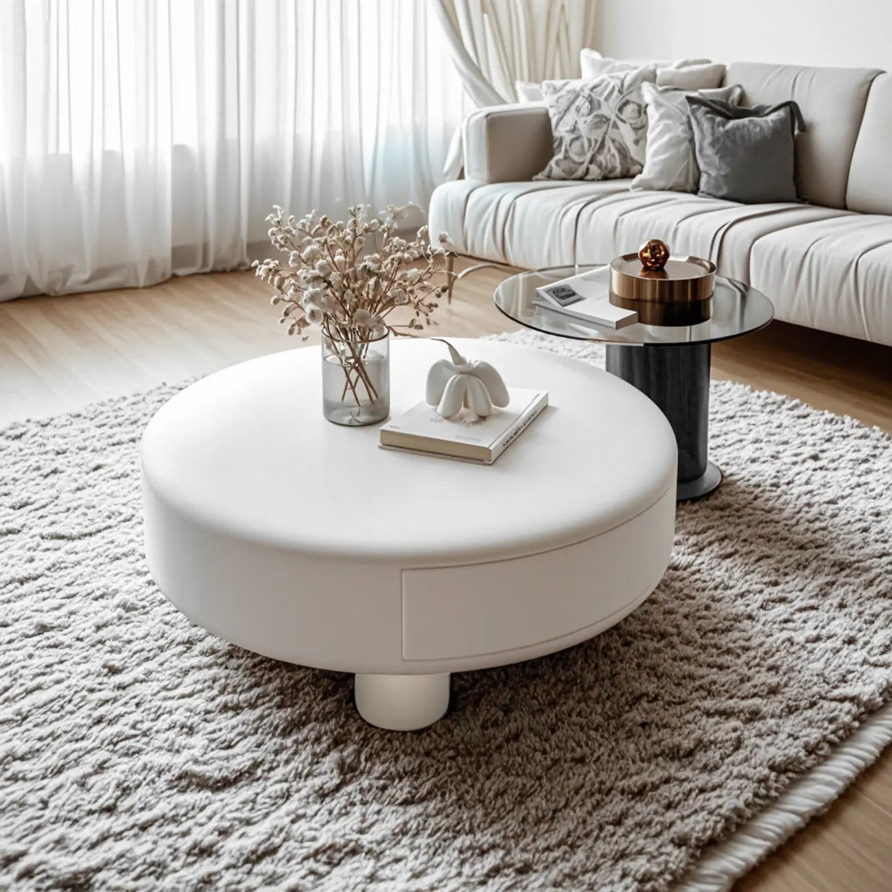 Cream Round Elegant Drawers Round Wood Coffee Table