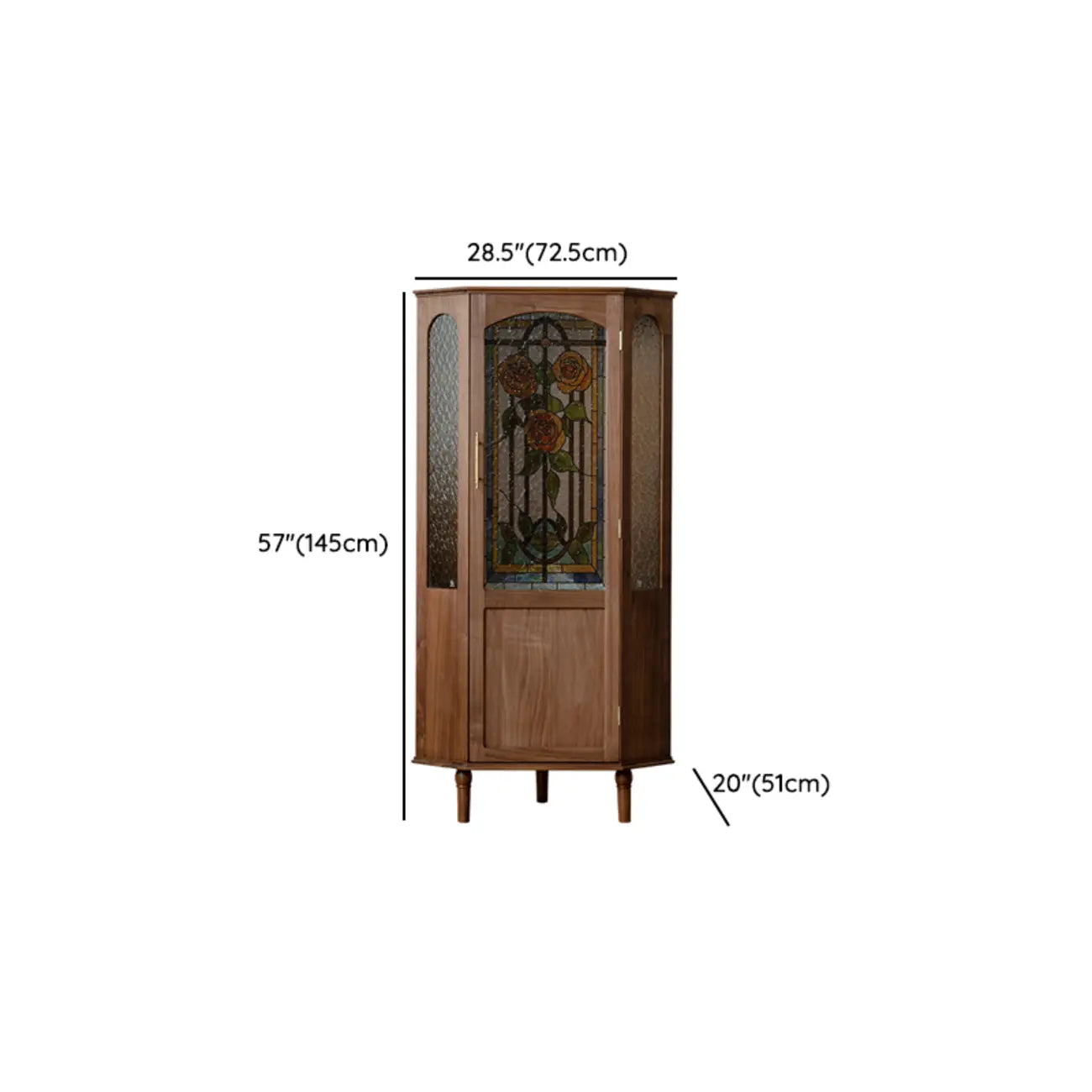 Lighting Included Elegant Walnut Rose Glass Panel Corner Cabinet