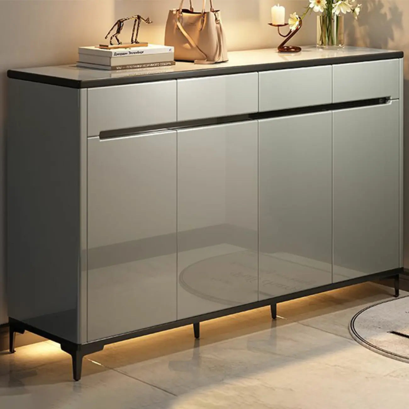 Sleek Entryway Wooden Shoe Storage Cabinet with Glass Top