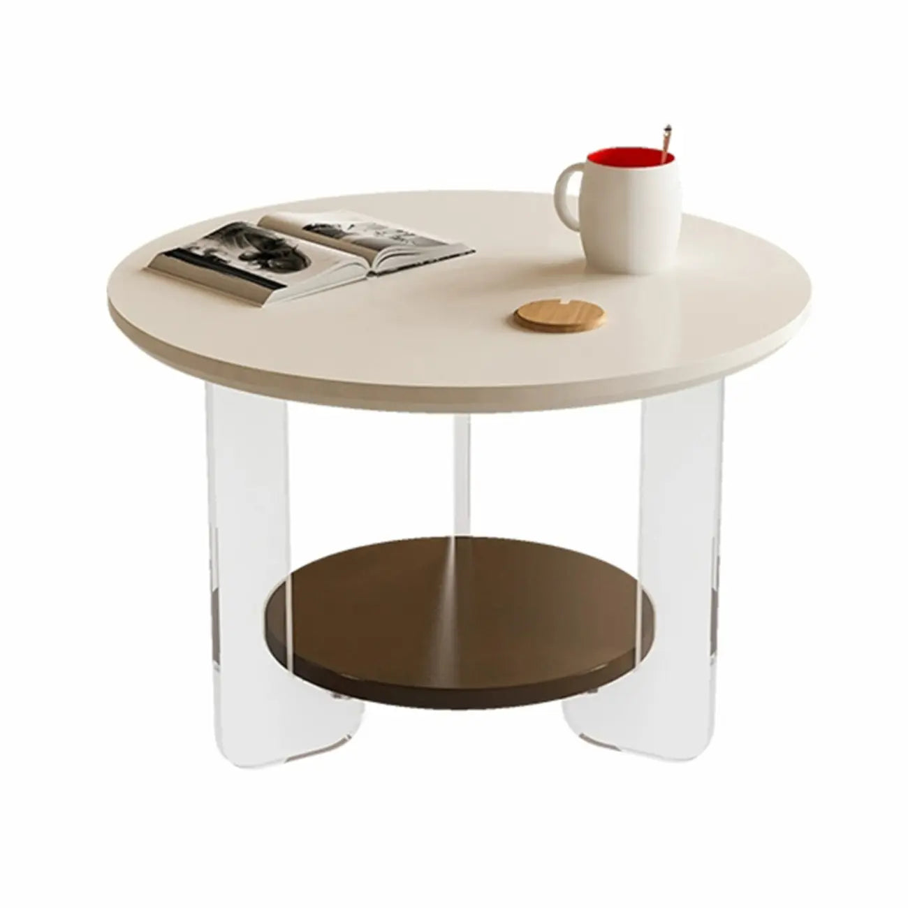 White Brown Wood Round Coffee Table with Shelf and Plastic Leg