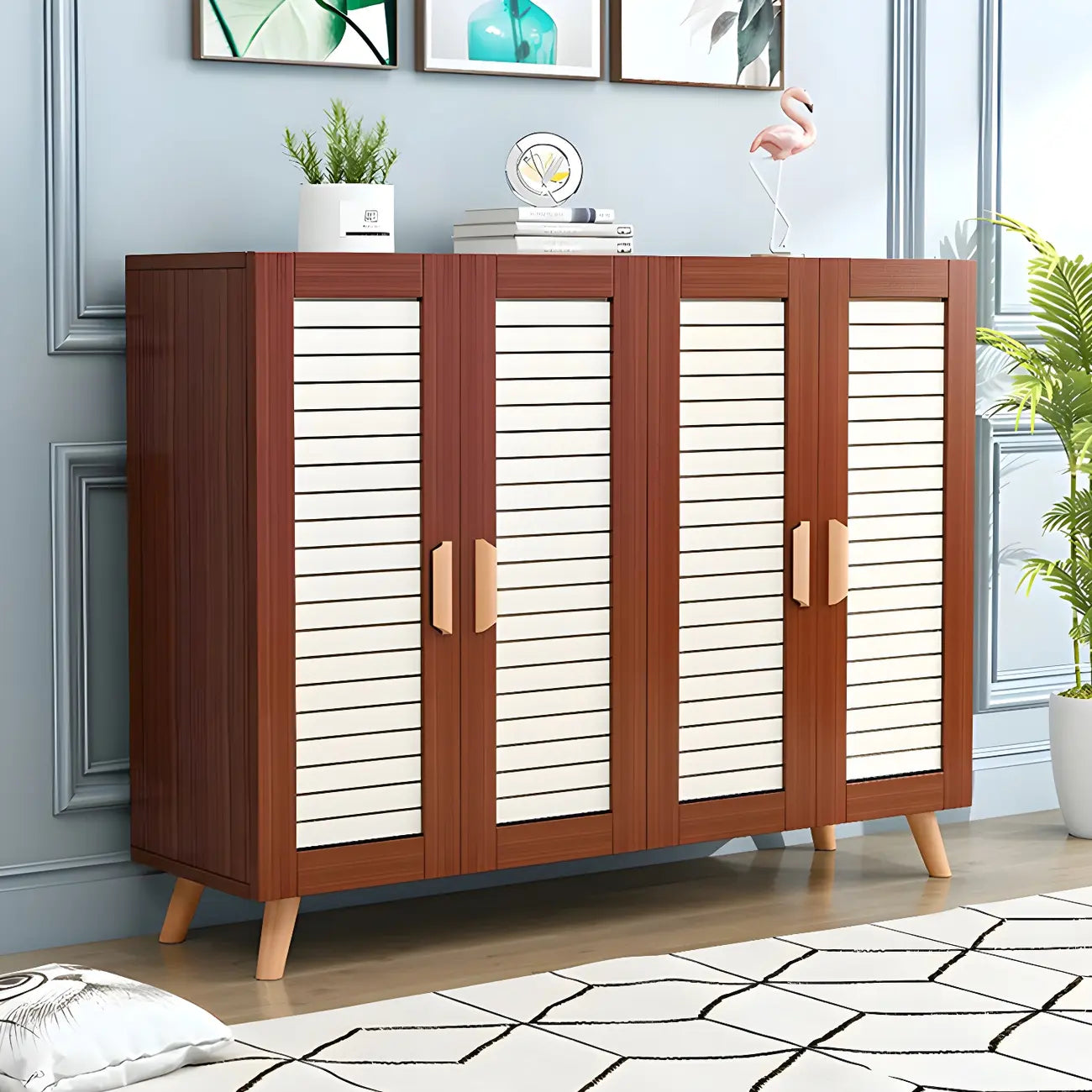 White Louvered Solid Wood Shoe Cabinet for Entryway