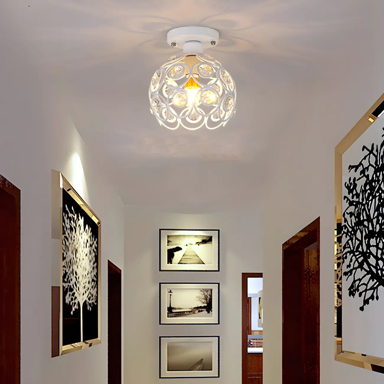 Industrial Hollow Dome Semi Flush Ceiling Light with Crystal