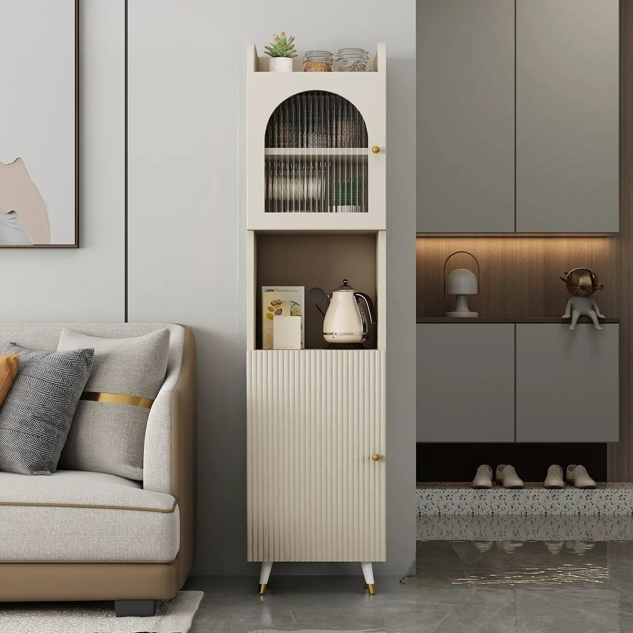 Modern White Wood Glass Storage Cabinet with Tray Top