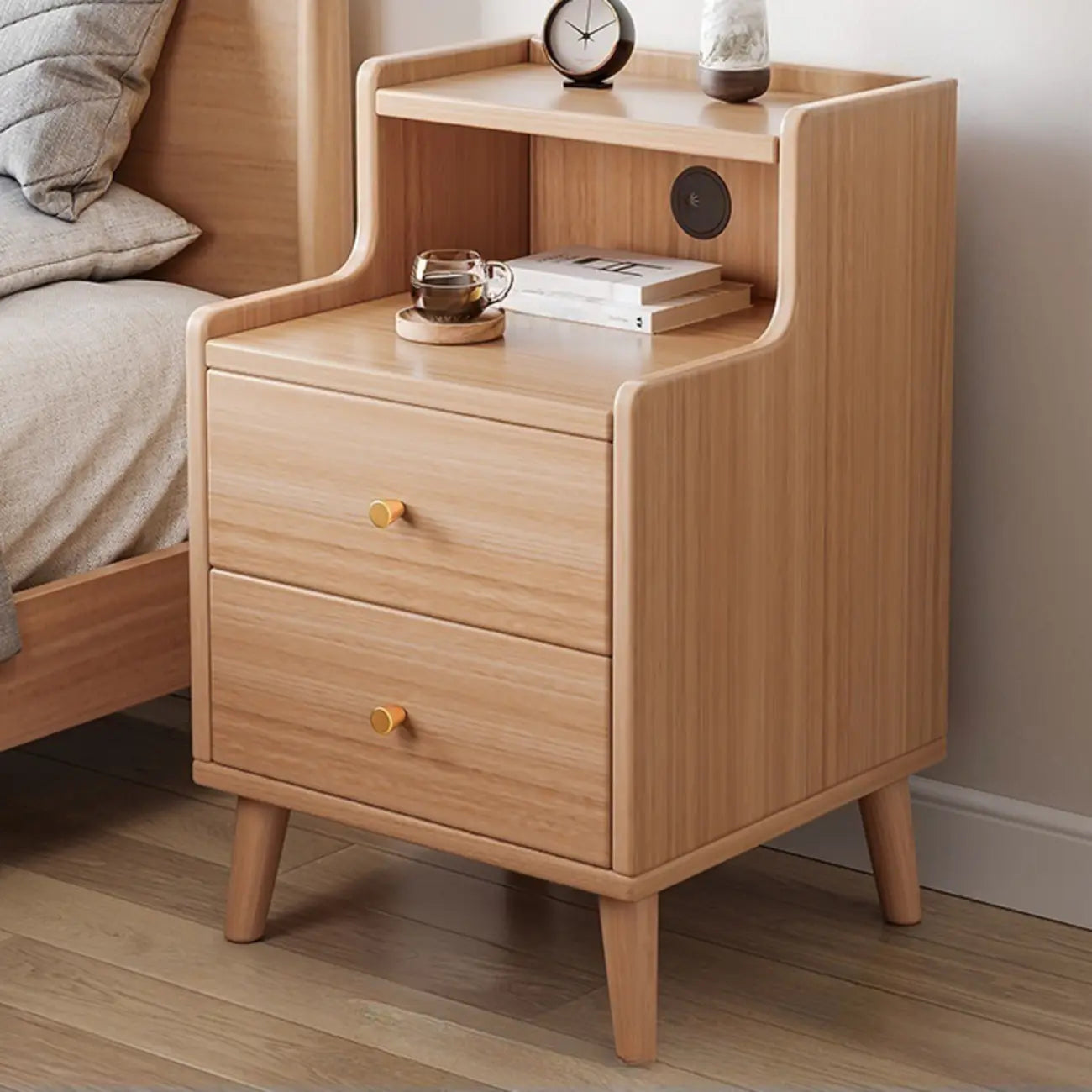 Natural Wood Scandinavian 2-Drawers Narrow Nightstand