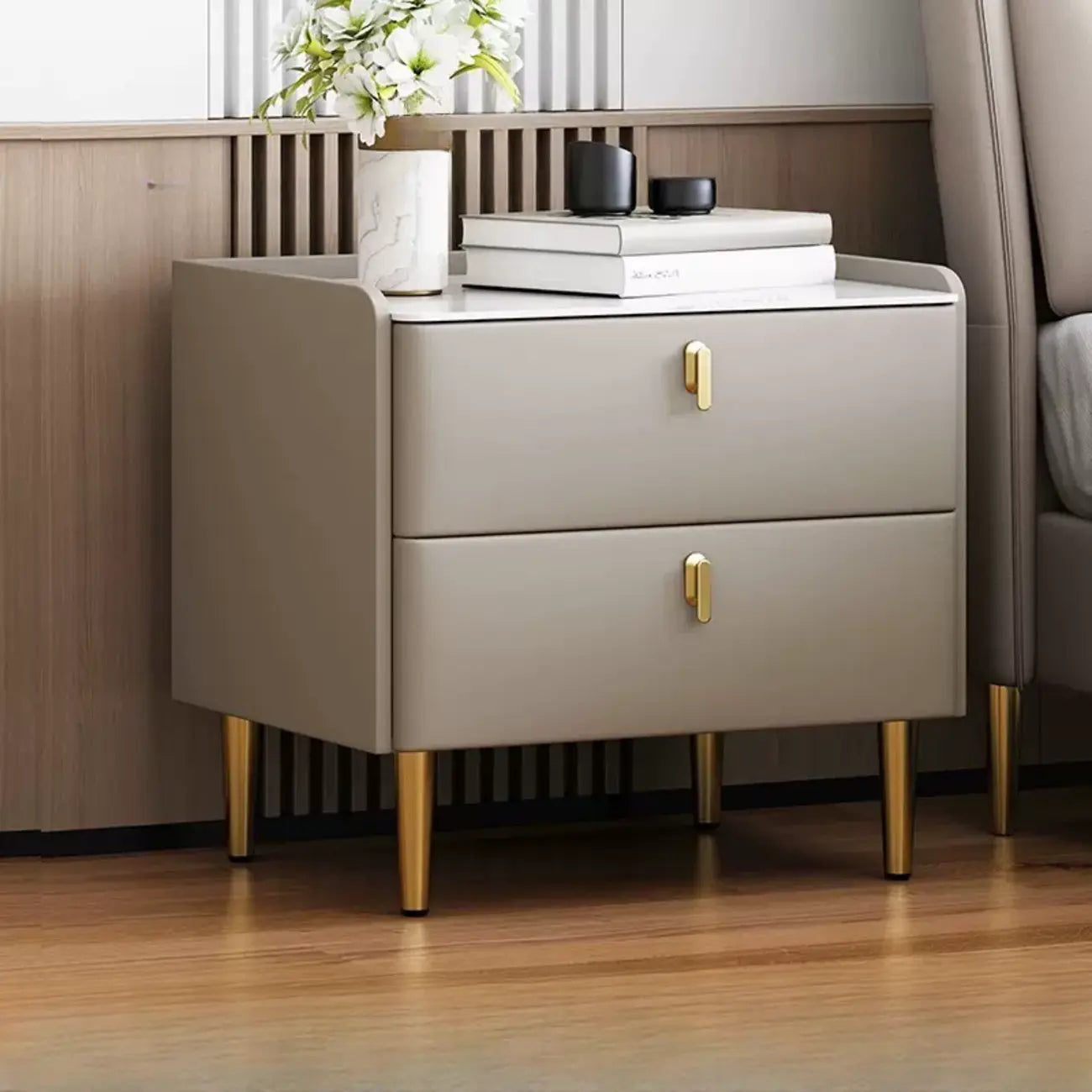 Modern Narrow Small Bedside Table Stone Top with Drawer Storage