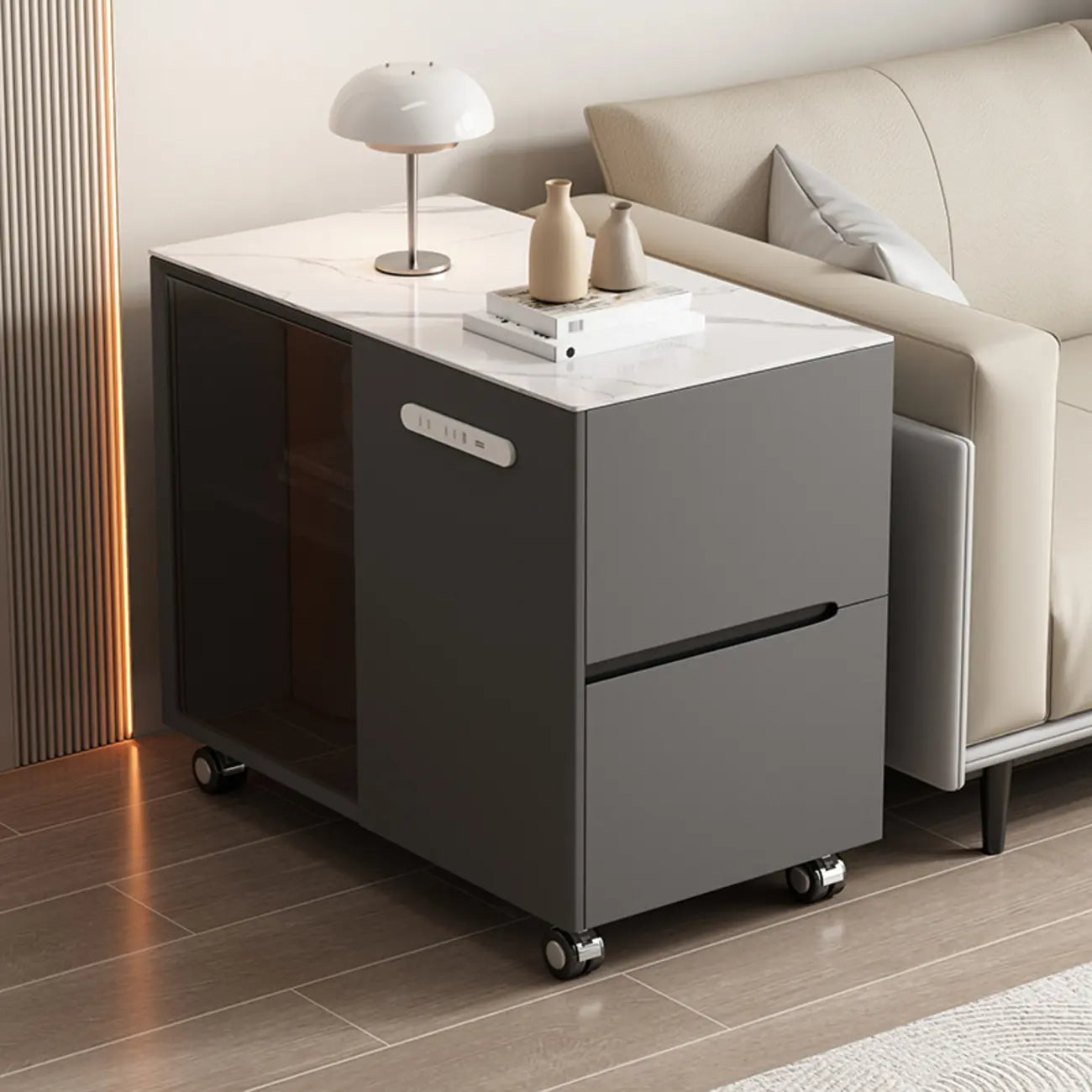 Mobile Rectangular Plastic Top End Table with Storage Drawers
