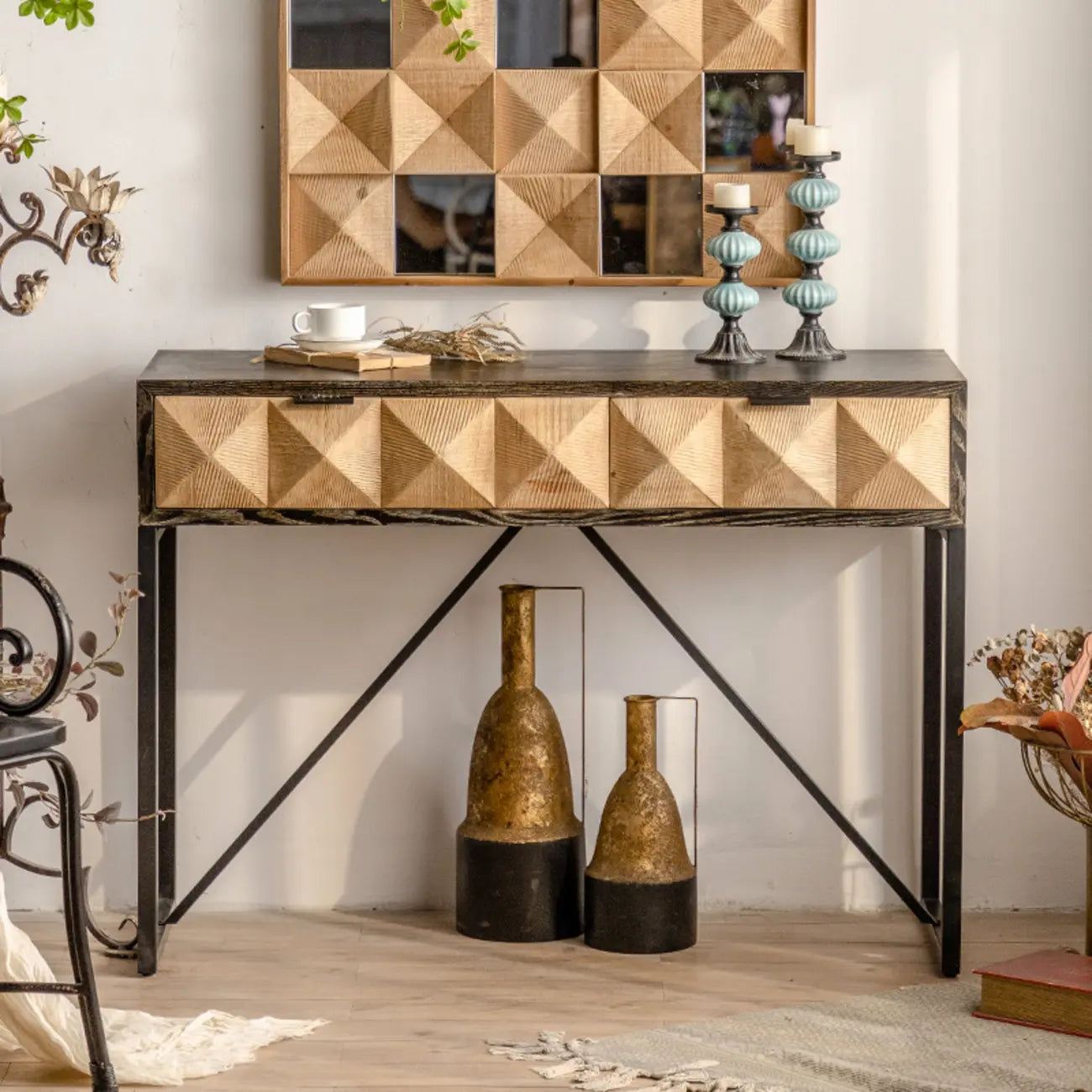 Rustic Wooden Console Table with Drawers and Trims
