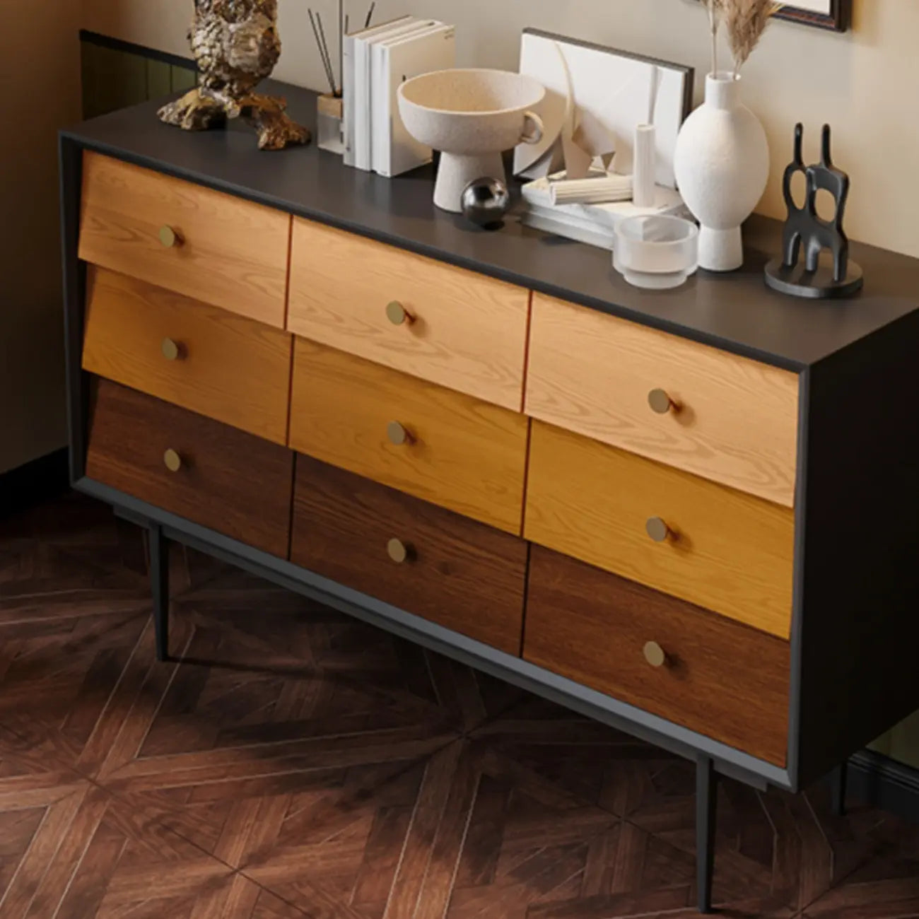 Modern Wooden Storage Cabinet with Drawers in Retro Style