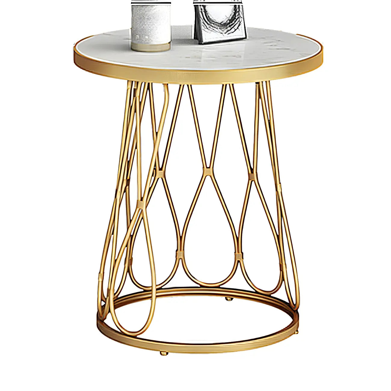 Round Gold Marble End Table with Storage for Living Room