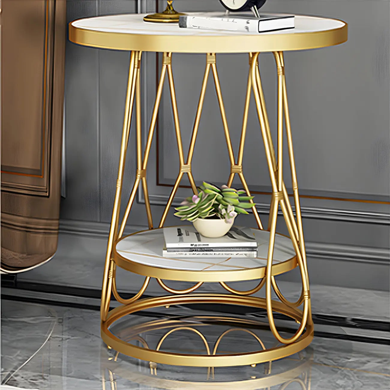 Round Gold Marble End Table with Storage for Living Room