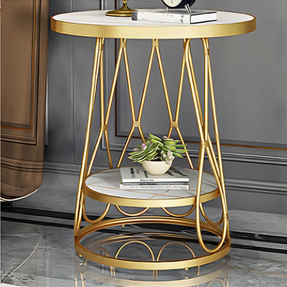 Round Gold Marble End Table with Storage for Living Room