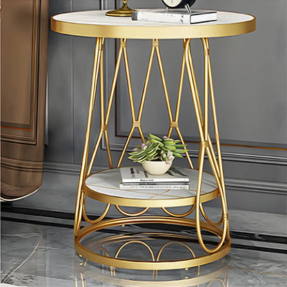 Round Gold Marble End Table with Storage for Living Room