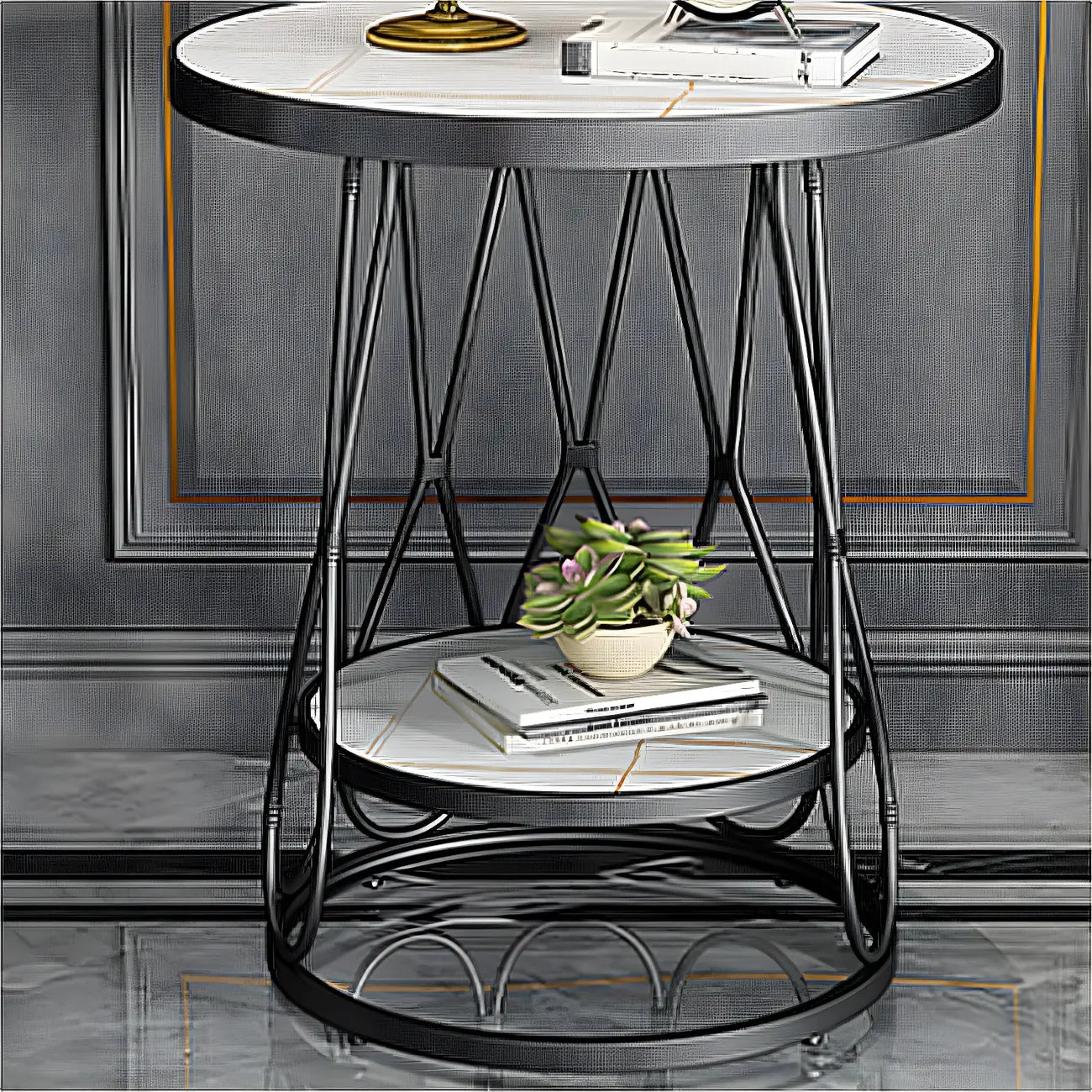 Round Gold Marble End Table with Storage for Living Room