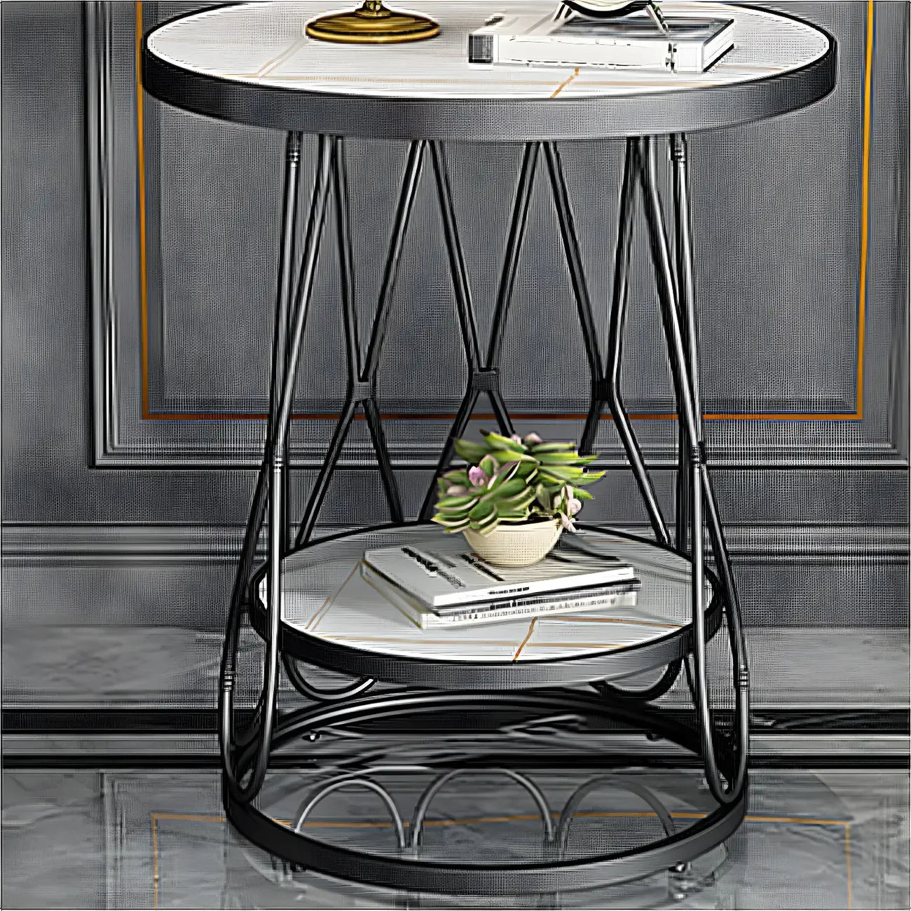 Round Gold Marble End Table with Storage for Living Room