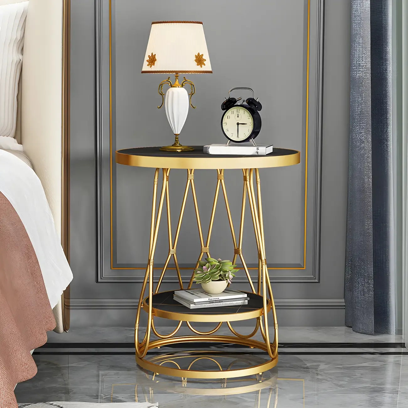 Round Gold Marble End Table with Storage for Living Room