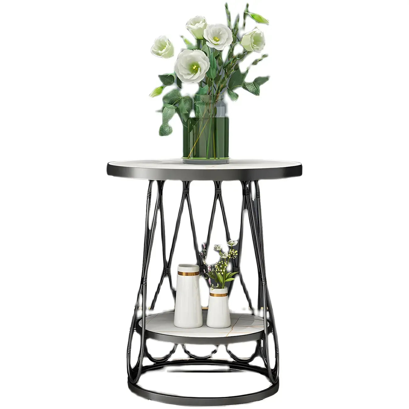 Round Gold Marble End Table with Storage for Living Room