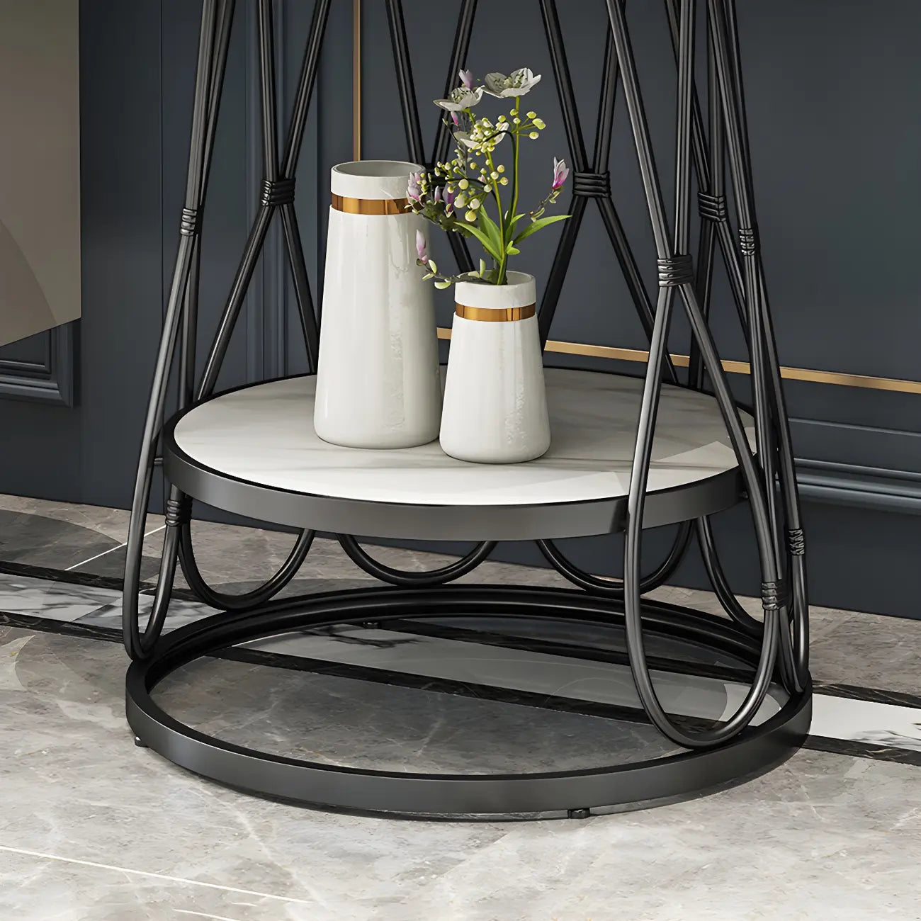 Round Gold Marble End Table with Storage for Living Room