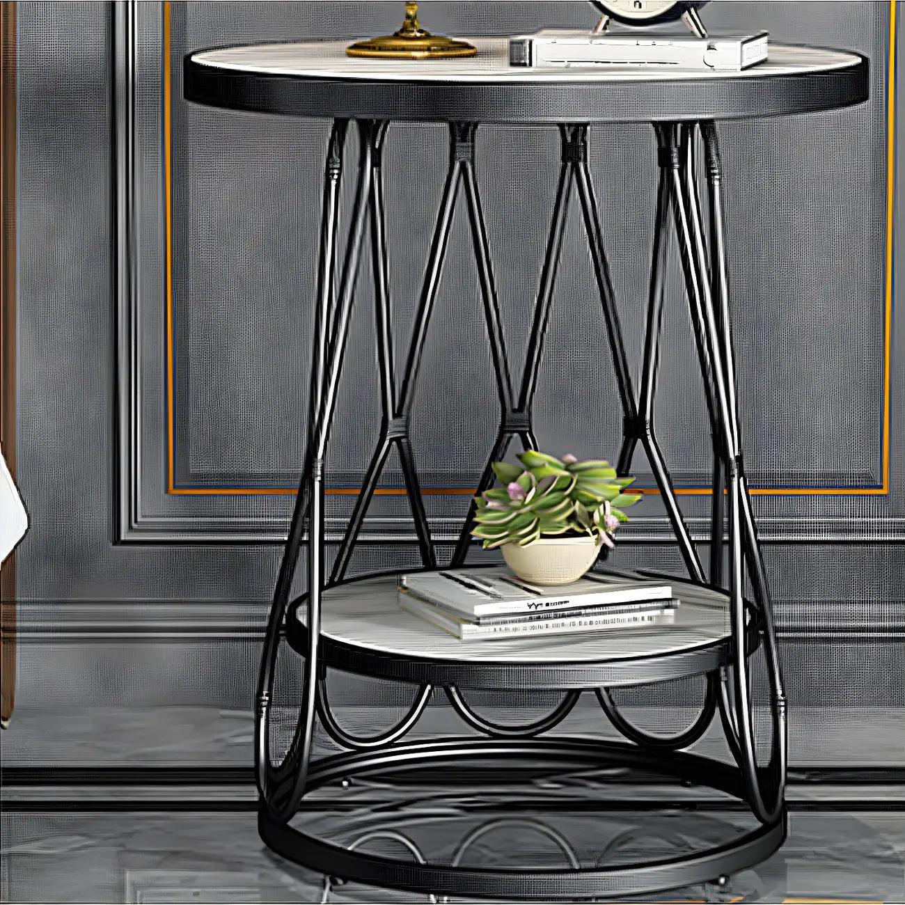 Round Gold Marble End Table with Storage for Living Room