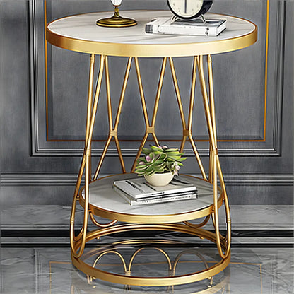Round Gold Marble End Table with Storage for Living Room