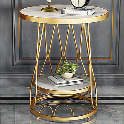 Round Gold Marble End Table with Storage for Living Room