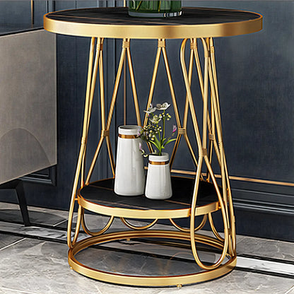 Round Gold Marble End Table with Storage for Living Room