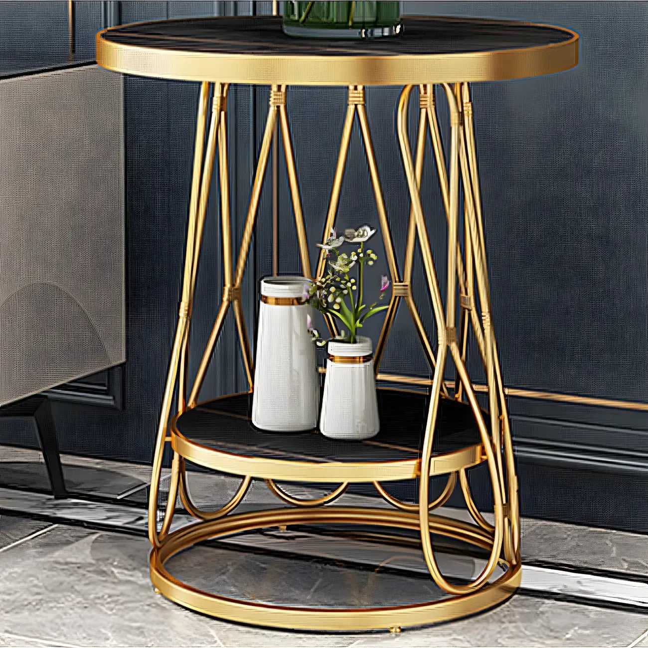 Round Gold Marble End Table with Storage for Living Room