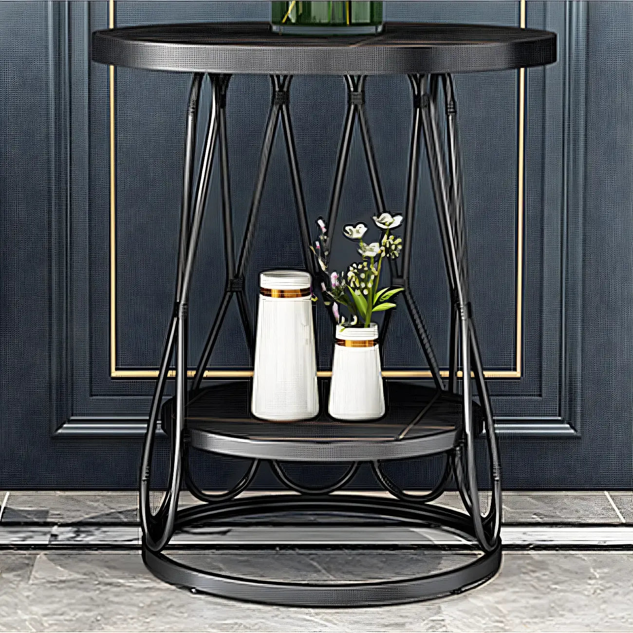 Round Gold Marble End Table with Storage for Living Room