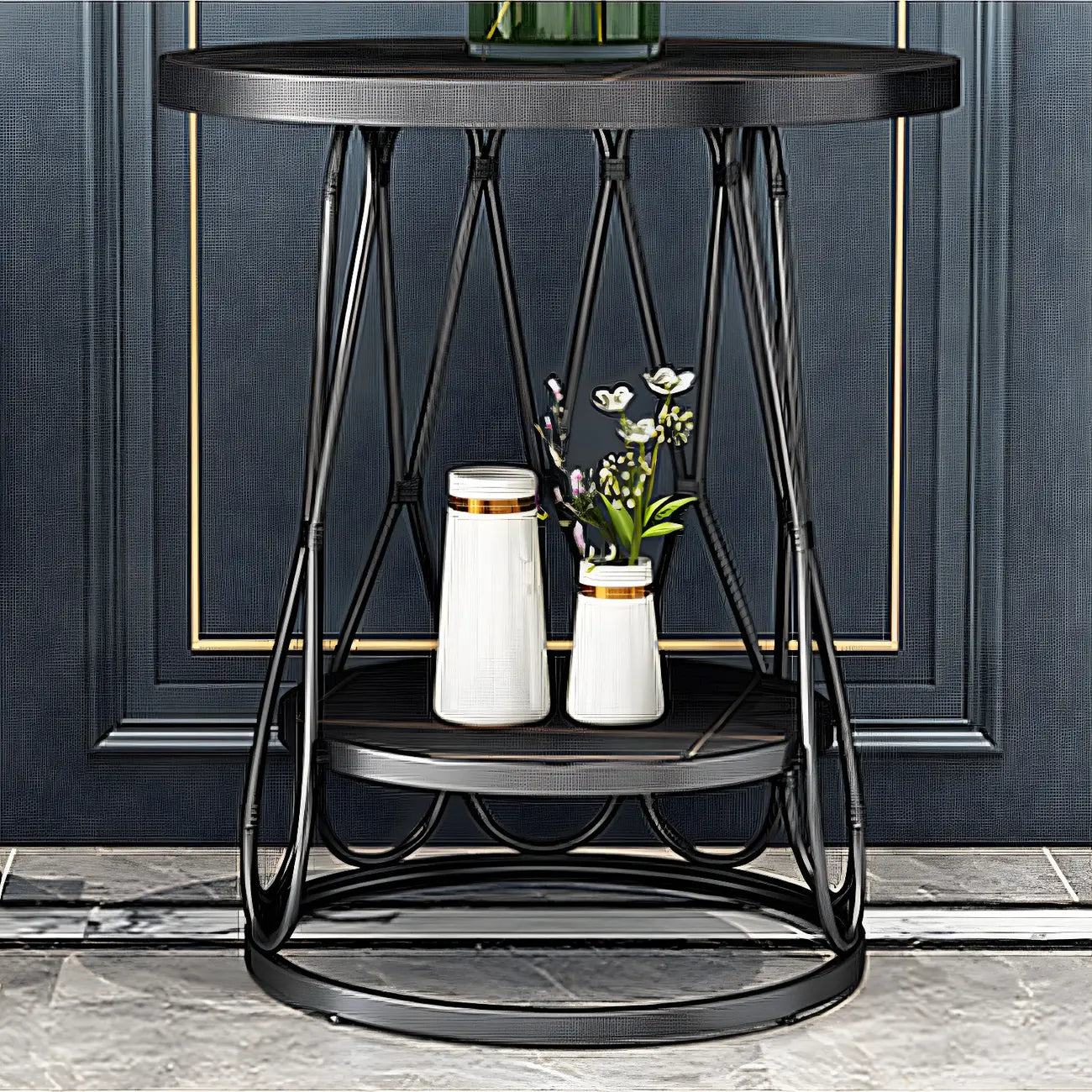 Round Gold Marble End Table with Storage for Living Room