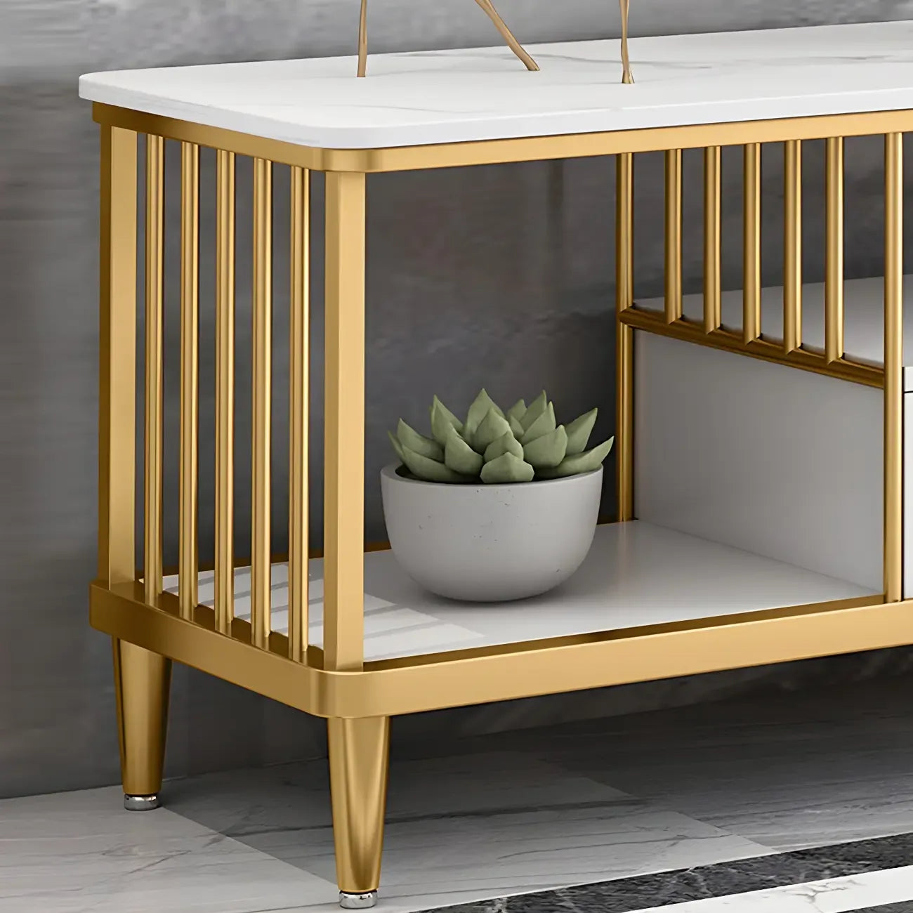 Luxury White Metal Frame Open Storage TV Stand with Drawers