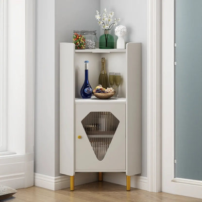 Freestanding Wooden Corner Cabinet with Metal Foot & Light