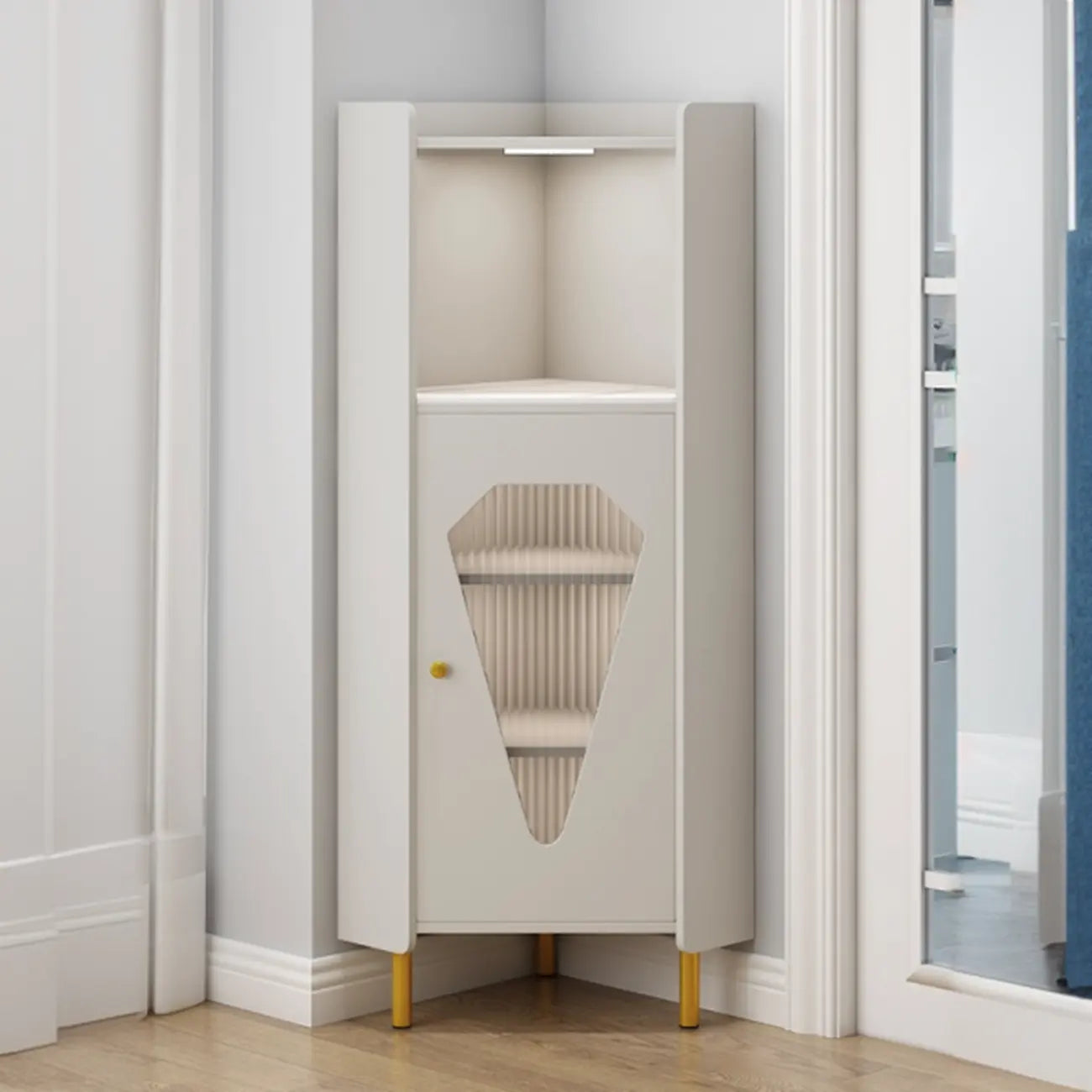 Freestanding Wooden Corner Cabinet with Metal Foot & Light