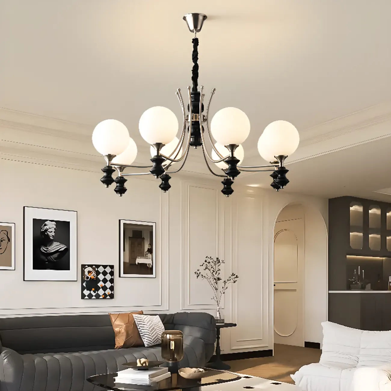 Multi-Light Globe Chandelier with White Glass Shades