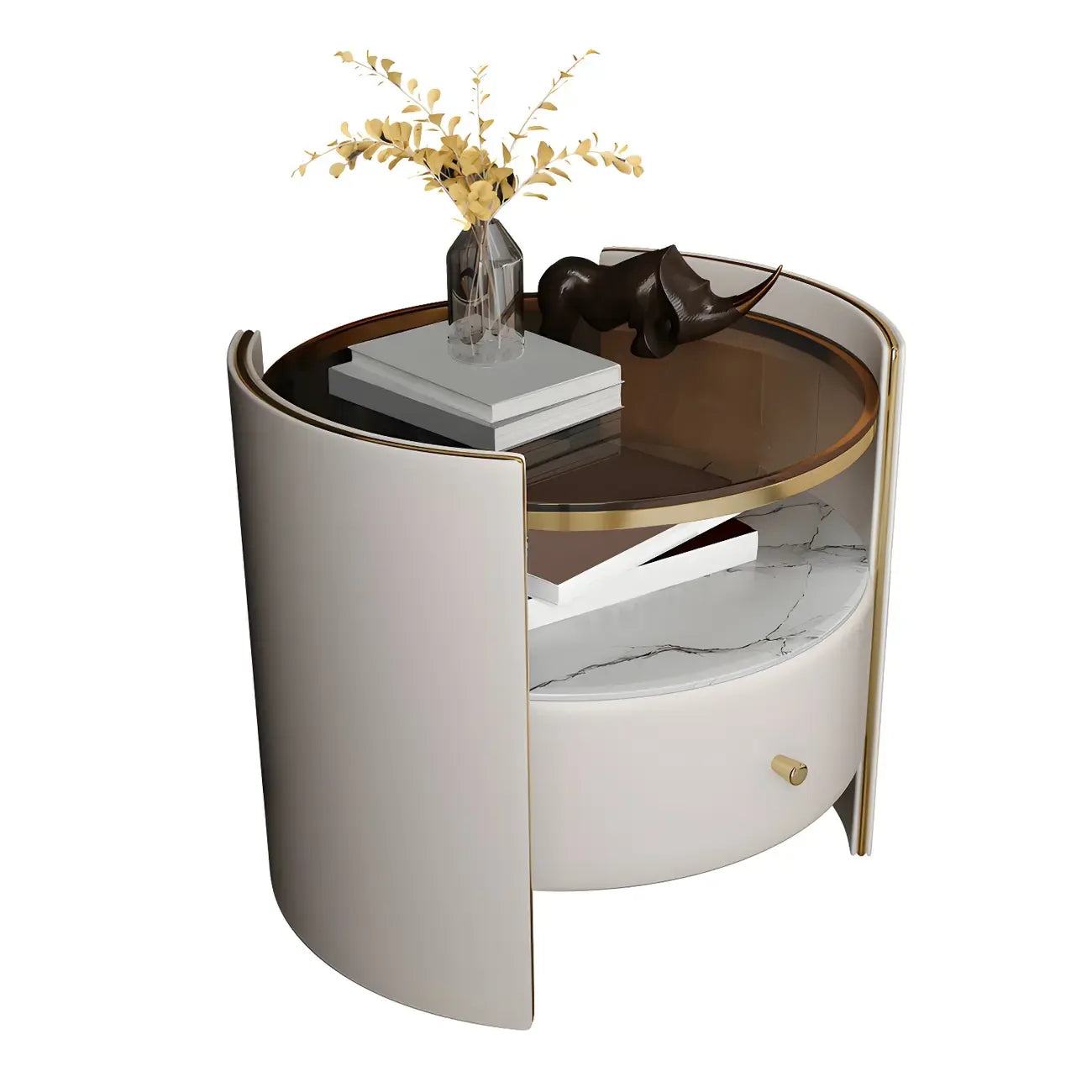 Luxury Glass Top Nightstand with Drawer Storage and Open Cubby