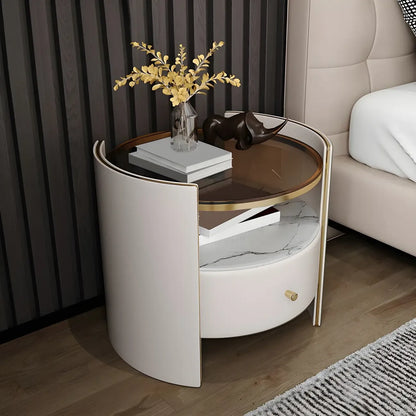 Luxury Glass Top Nightstand with Drawer Storage and Open Cubby