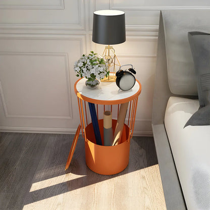 Modish Style Metal Drum Shape Bedside Table with Open Storage