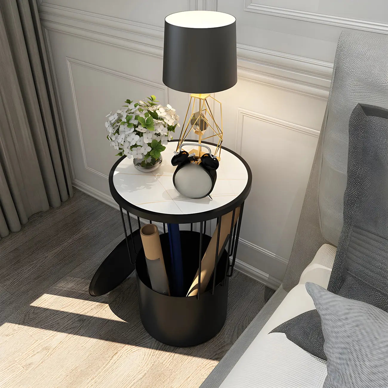 Modish Style Metal Drum Shape Bedside Table with Open Storage