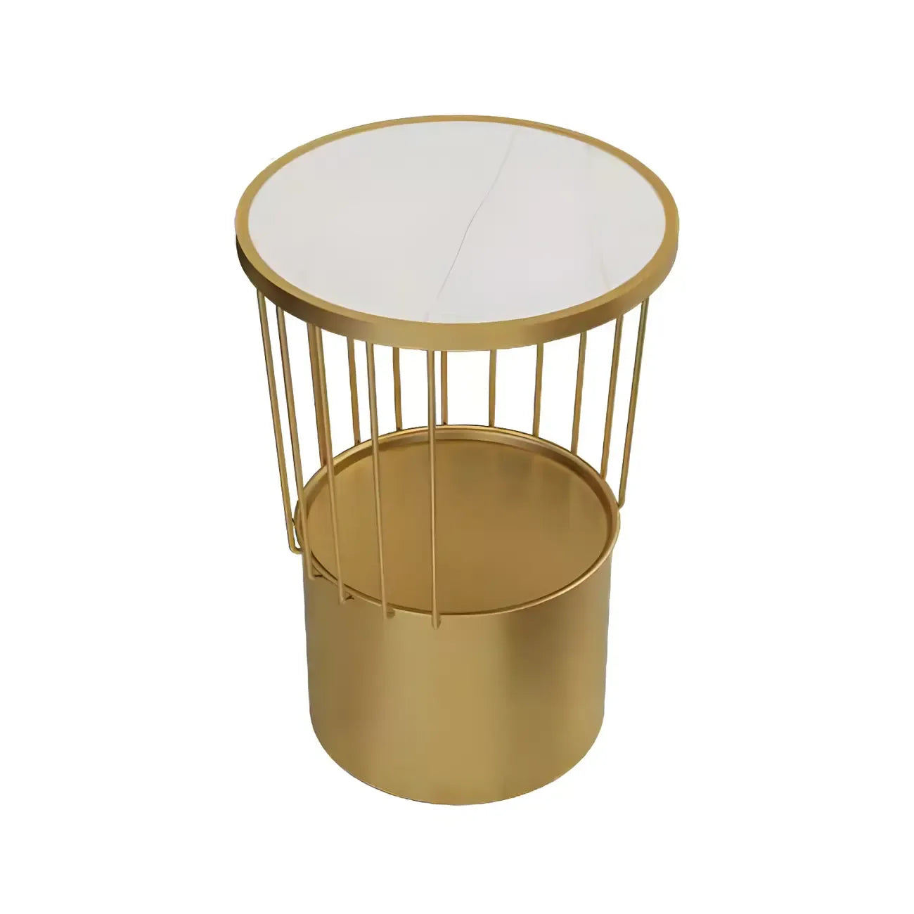 Modish Style Metal Drum Shape Bedside Table with Open Storage