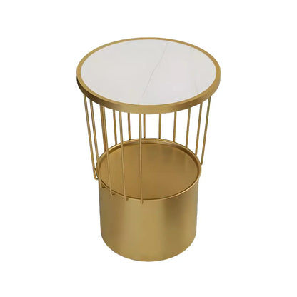 Modish Style Metal Drum Shape Bedside Table with Open Storage