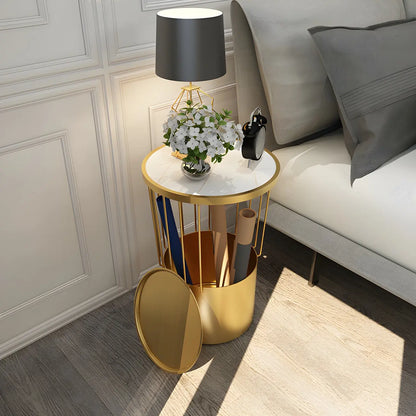 Modish Style Metal Drum Shape Bedside Table with Open Storage