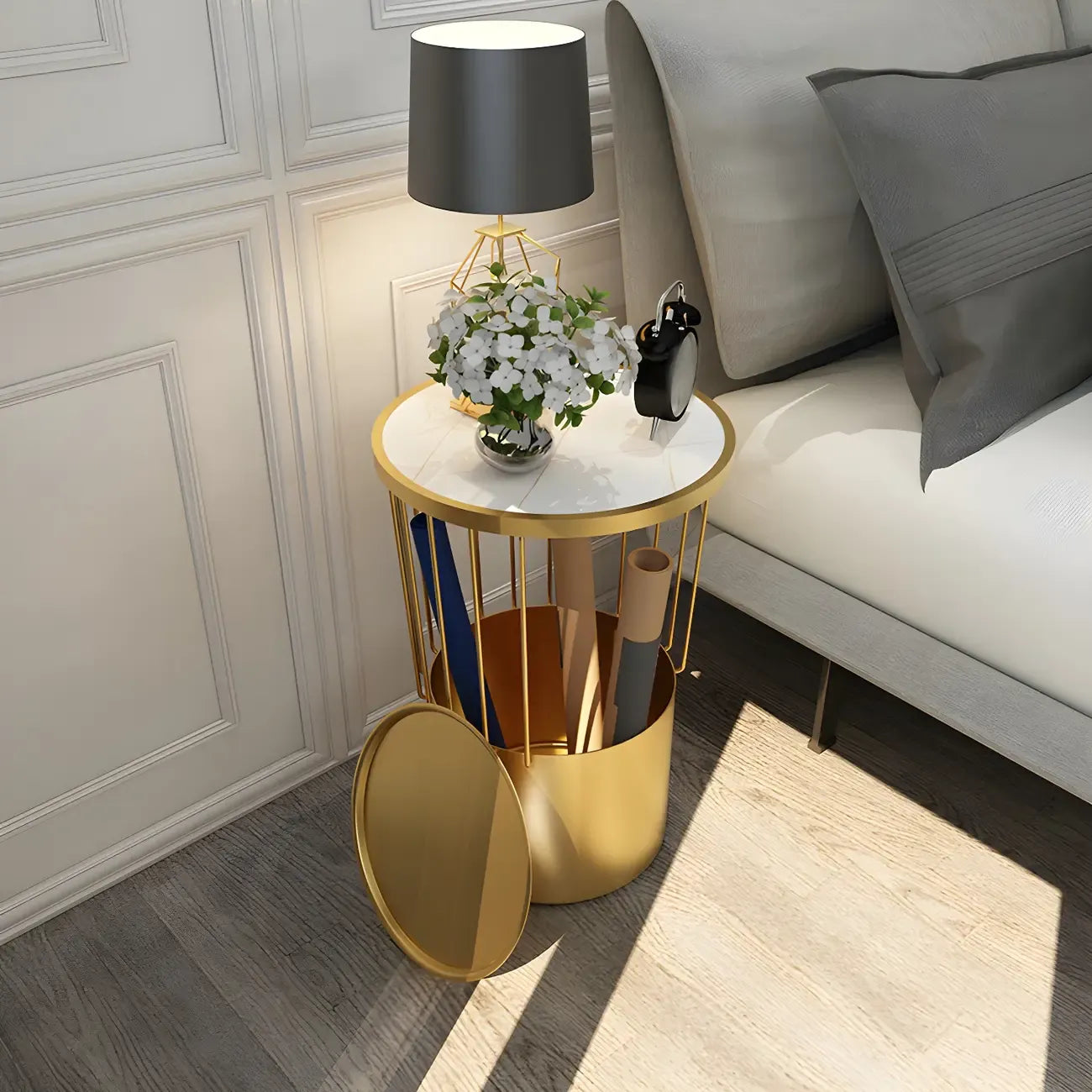 Modish Style Metal Drum Shape Bedside Table with Open Storage