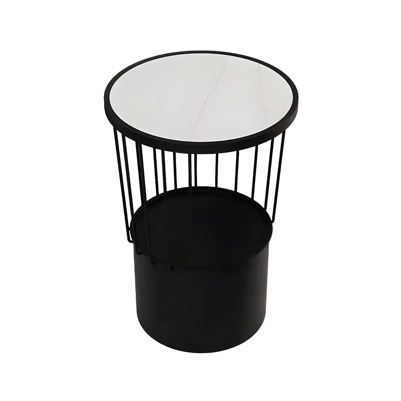 Modish Style Metal Drum Shape Bedside Table with Open Storage