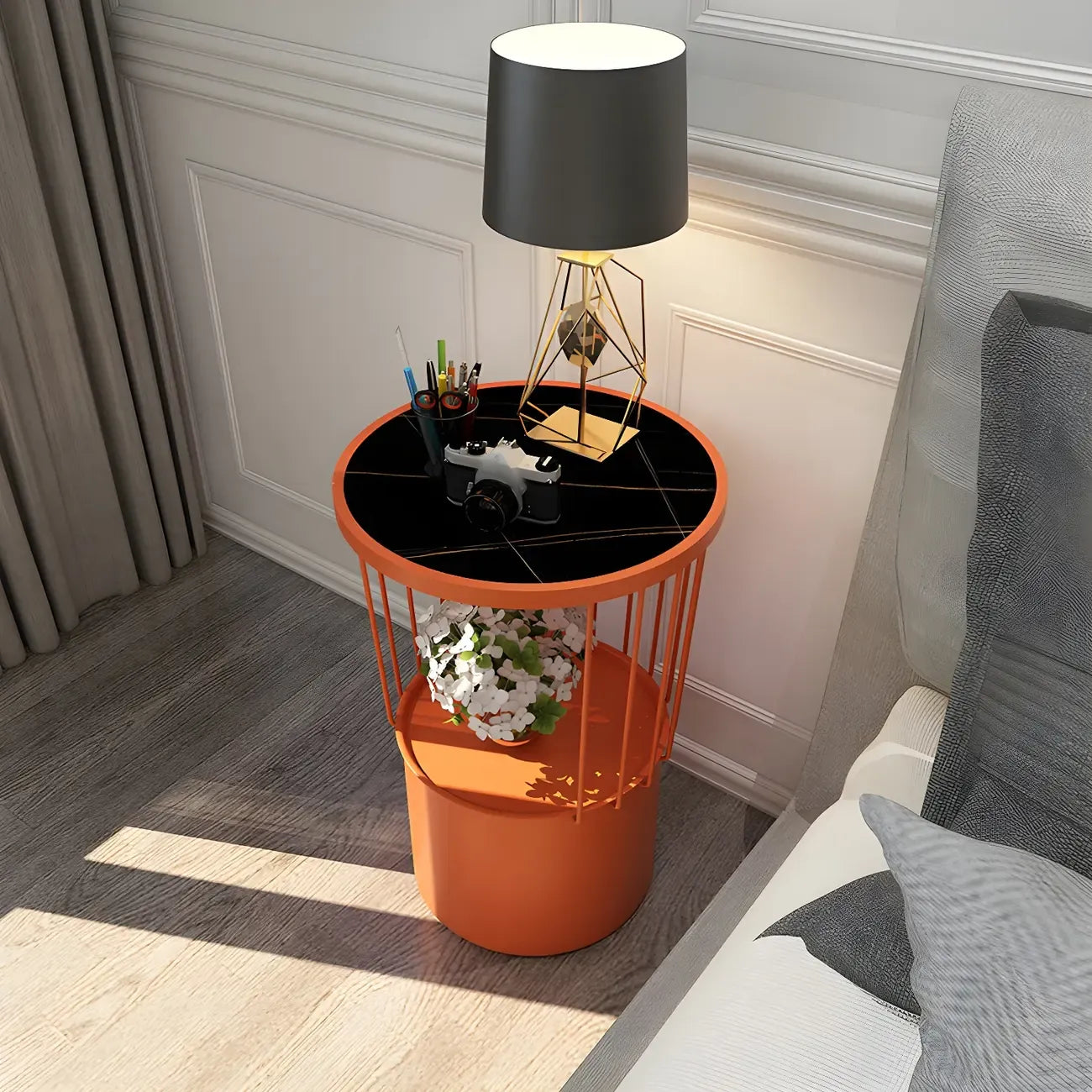 Modish Style Metal Drum Shape Bedside Table with Open Storage