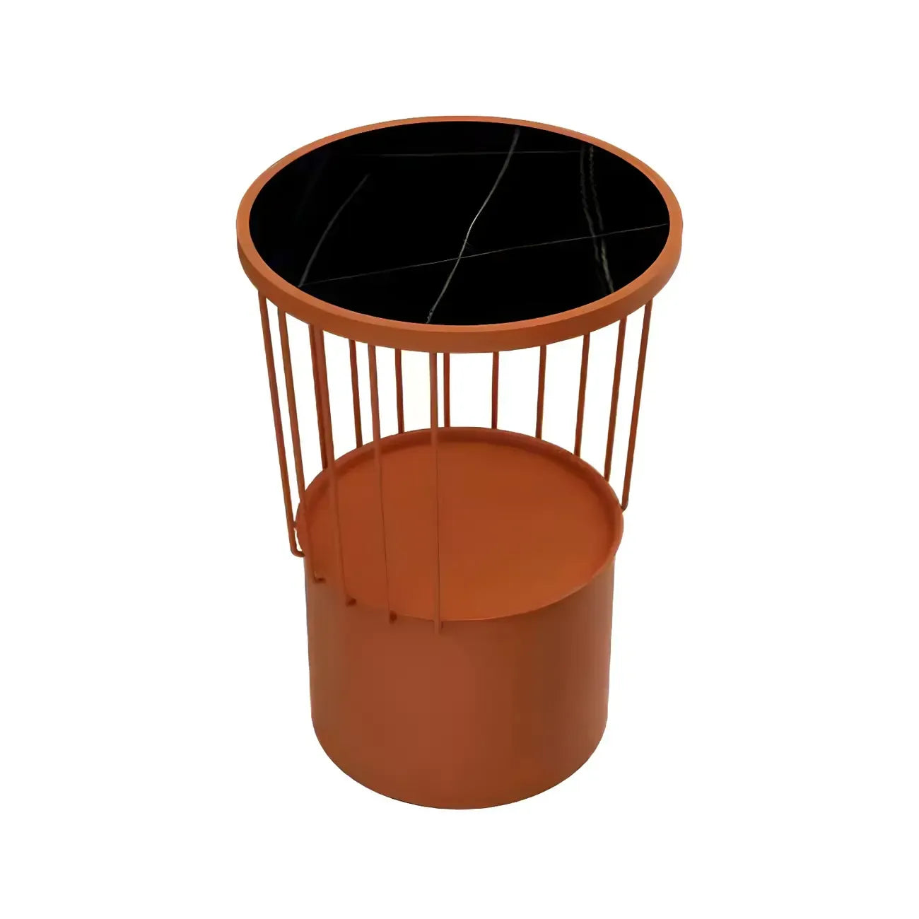 Modish Style Metal Drum Shape Bedside Table with Open Storage