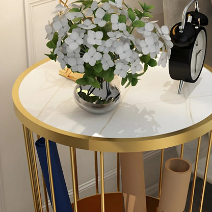 Modish Style Metal Drum Shape Bedside Table with Open Storage