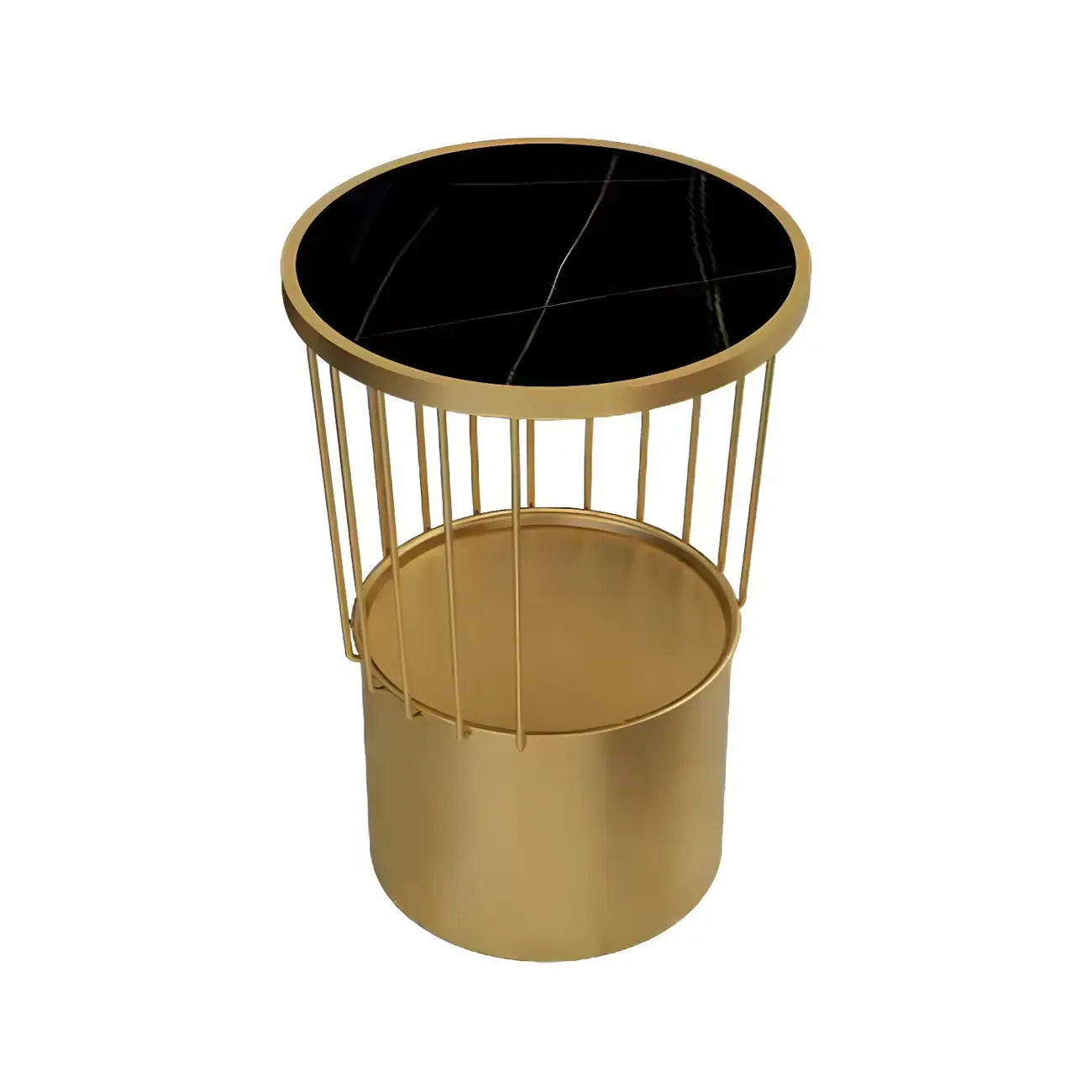 Modish Style Metal Drum Shape Bedside Table with Open Storage